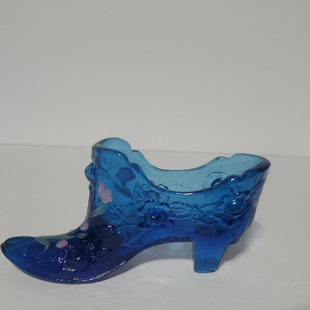 Vtg Fenton Blue Glass Hand Painted  Shoe -Signed By Artist